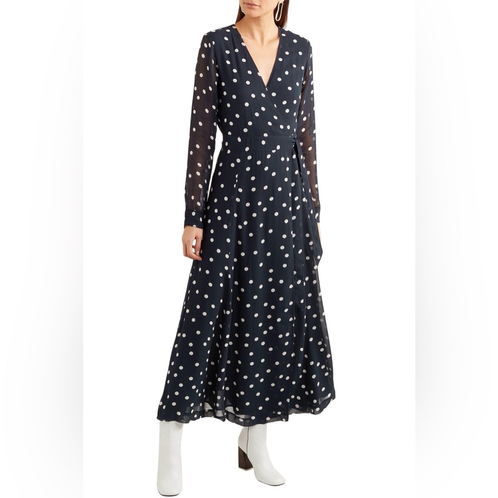 Ganni Navy Polka Dot Wrap Dress in size 38